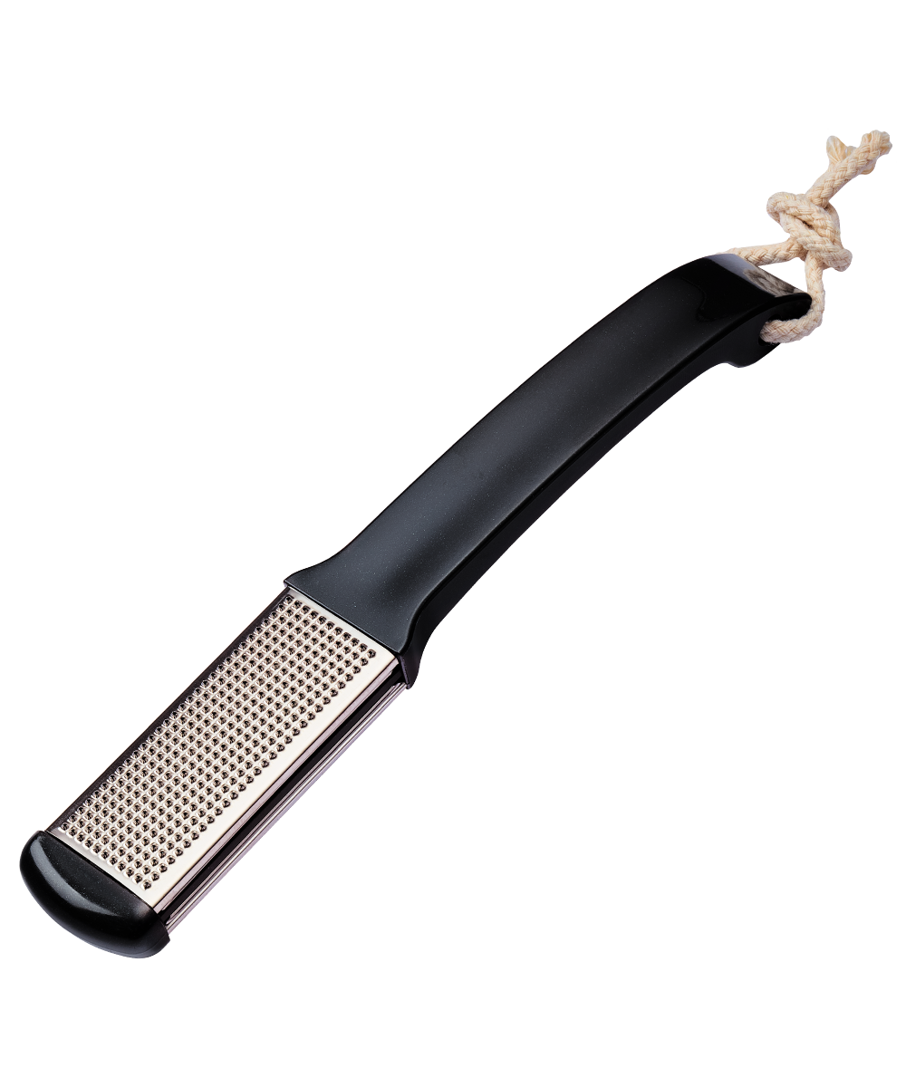 Angled image of TRUYU Stainless Steel Pedicure File. Black handle and silver blades.