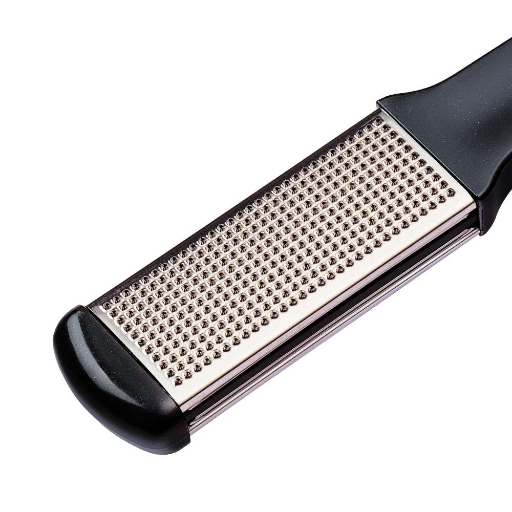 Zoomed in image of TRUYU Stainless Steel Pedicure File. Close up of silver blade