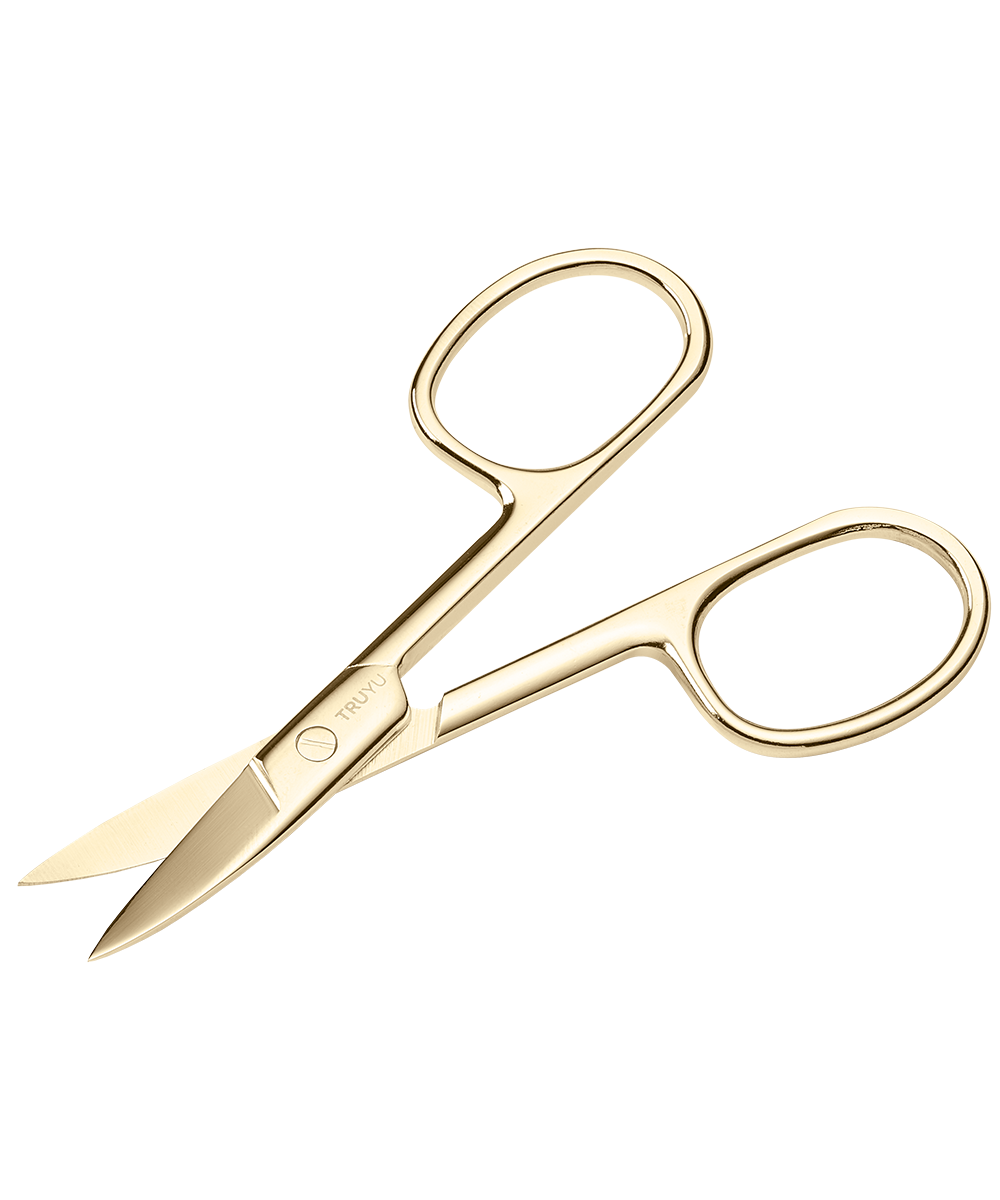 Angled image of TRUYU Gold Curved Nail Scissors. Blades half-open.