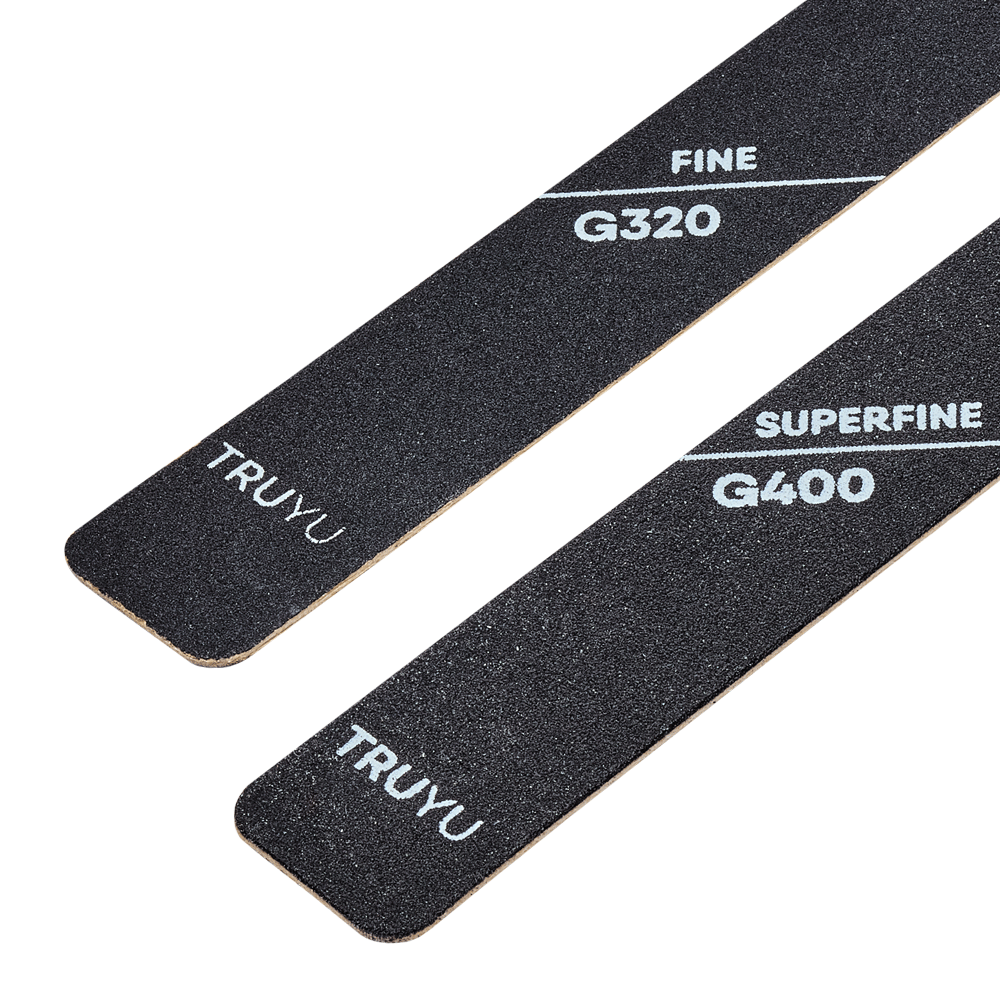 Zoomed in image of TRUYU Pro Nail Files (set of 2). Labelled 'TRUYU' with 'FINE G320' and 'SUPERFINE G400'.