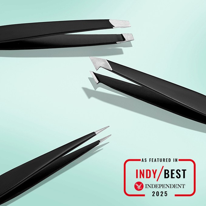 Close up image of Ultimate Tweezer Collection on light blue background. Close up of all 3 tweezers: Slant, Combo, Point. 
'As Featured In INDY BEST 2025' award roundal.