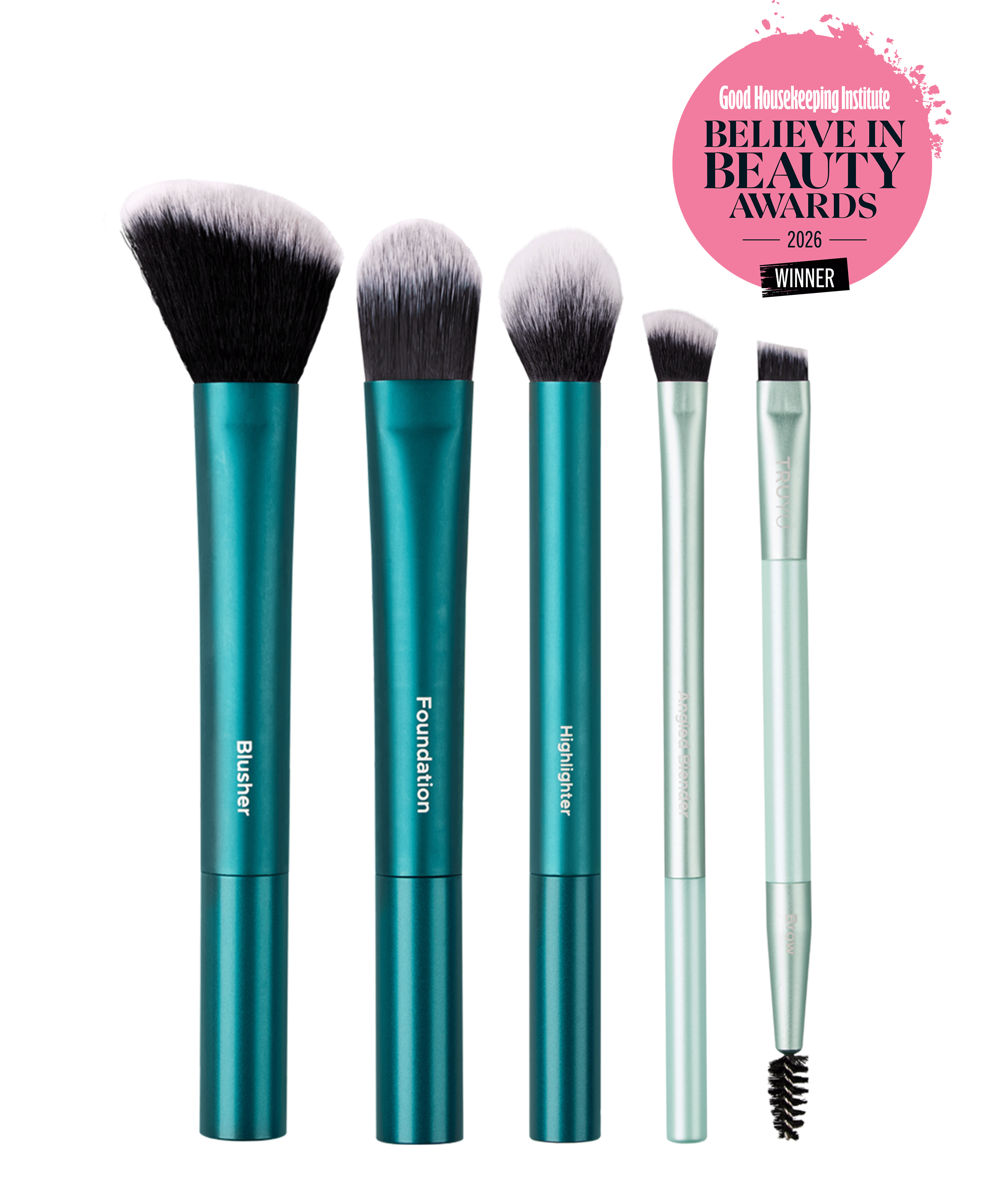 Set of 5  TRUYU makeup brushes with teal & mint handles. Featuring the 'Good Housekeeping Institute Believe In Beauty Awards Winner' badge