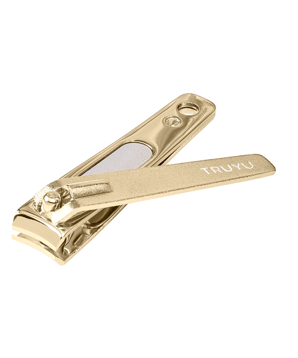 Angled image of TRUYU Gold Curved Nail Clippers.