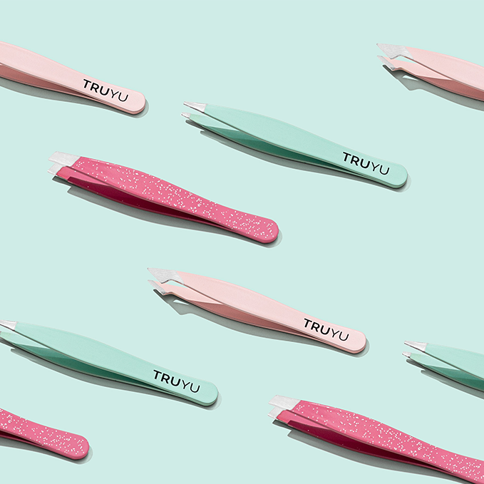TRUYU Mini Tweezer Trio on light blue background. Shows all 3 different tweezer tips; Point, Combo, Slant. 