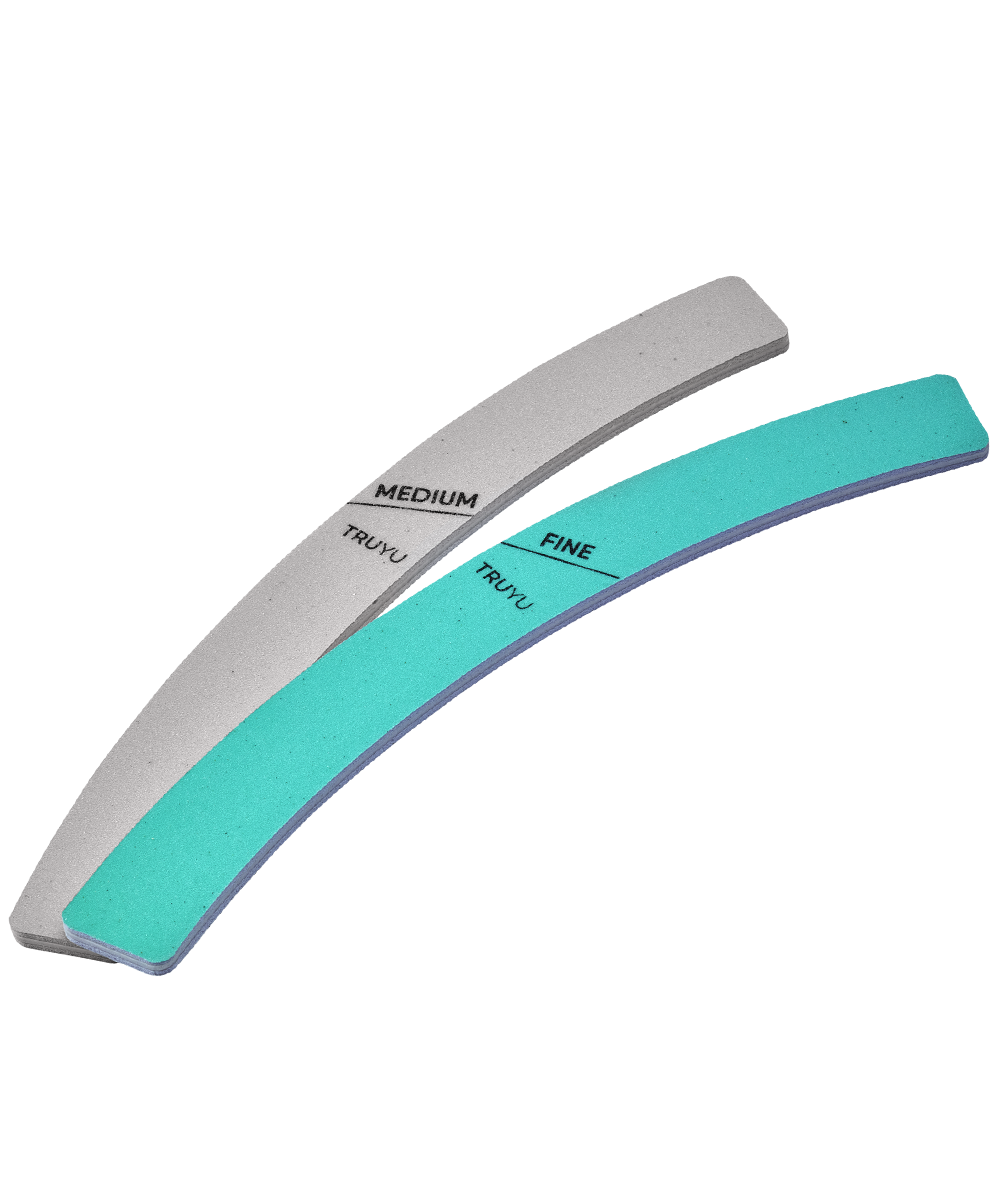 Angled image of TRUYU Curved Nail Shapers (set of 2). Grey file labelled 'Medium' and Blue file labelled 'Fine'.