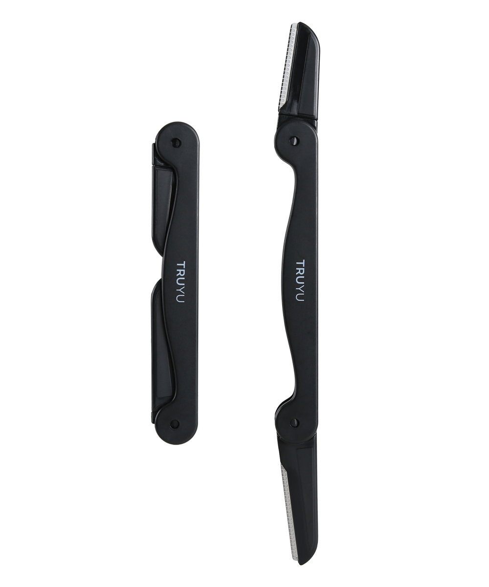TRUYU Folding Facial Razors. One razor closed, one razor open. 2 Different Blades