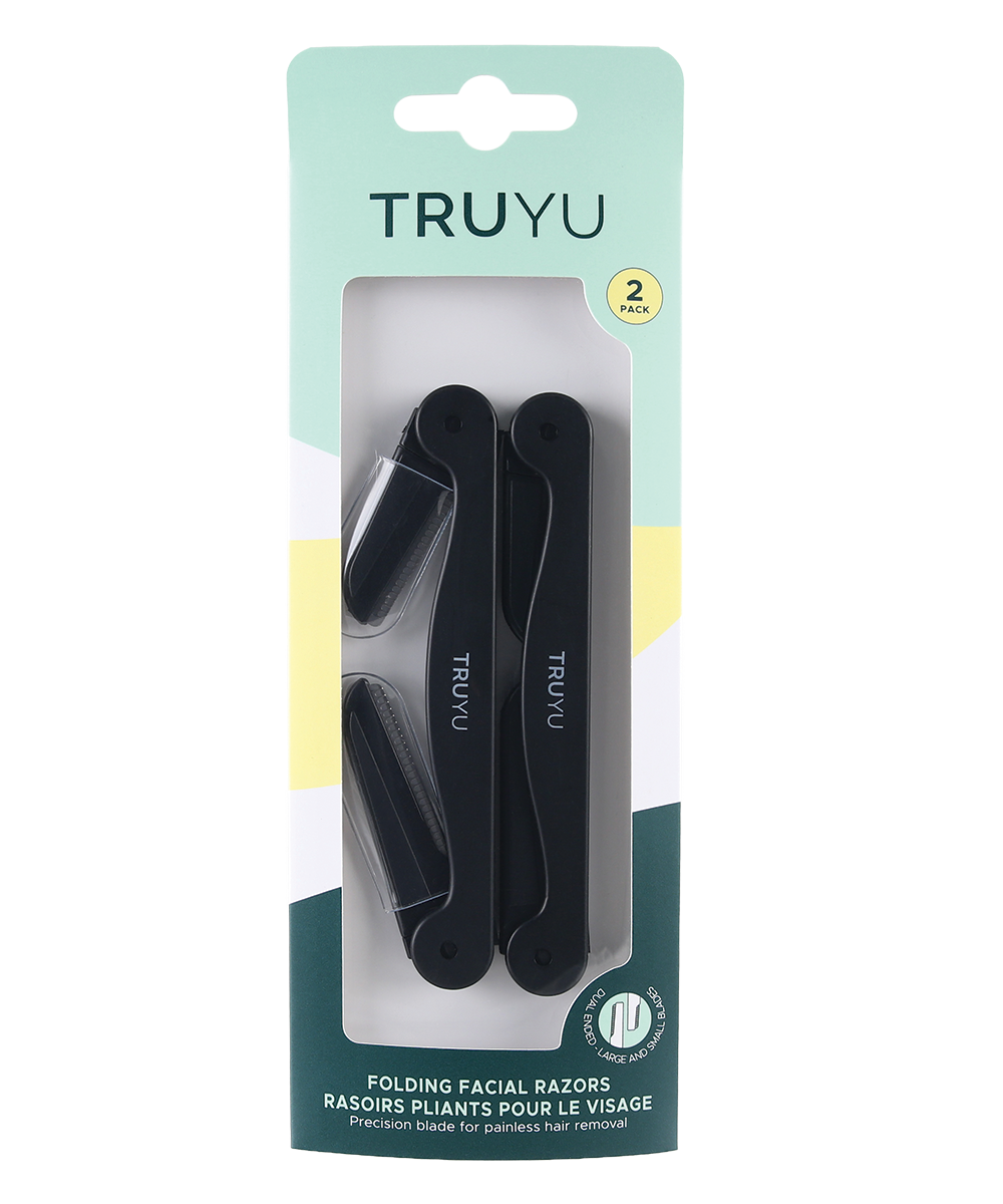 TRUYU Folding Facial Razors. One razor closed. One razor half open (with plastic caps). In packaging.