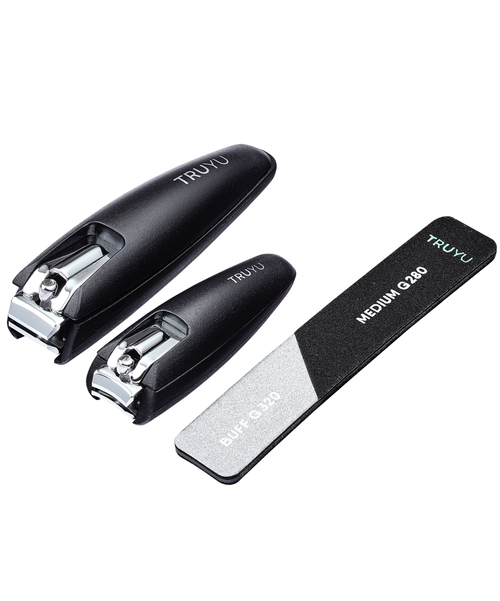Angled image of TRUYU Pro Manicure Set. Includes Nail Clipper, Toenail Clipper and Mini Buffer and Nail File.