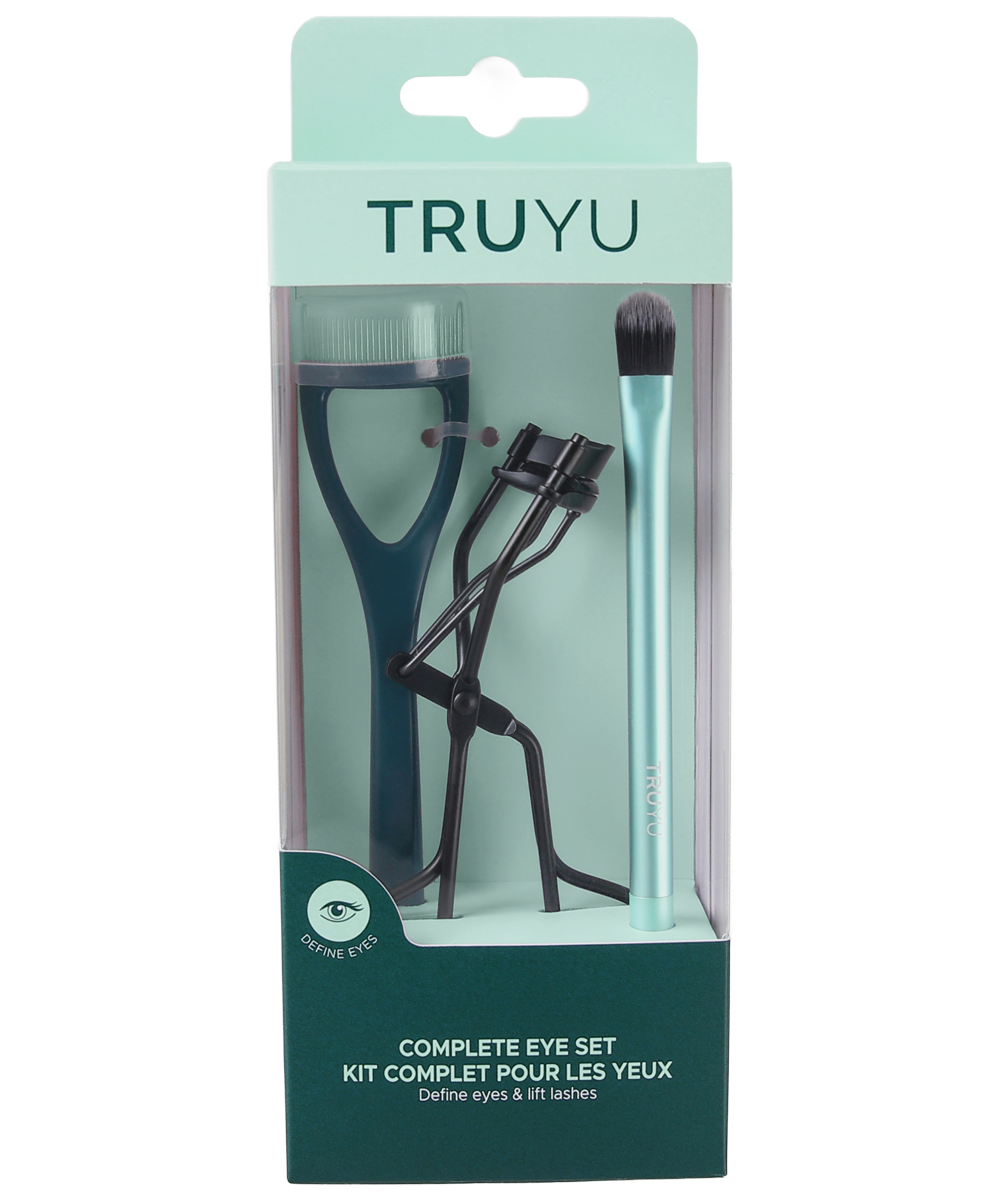 TRUYU Complete Eye Set in TRUYU packaging with eyelash curler, comb and brush in pack. 