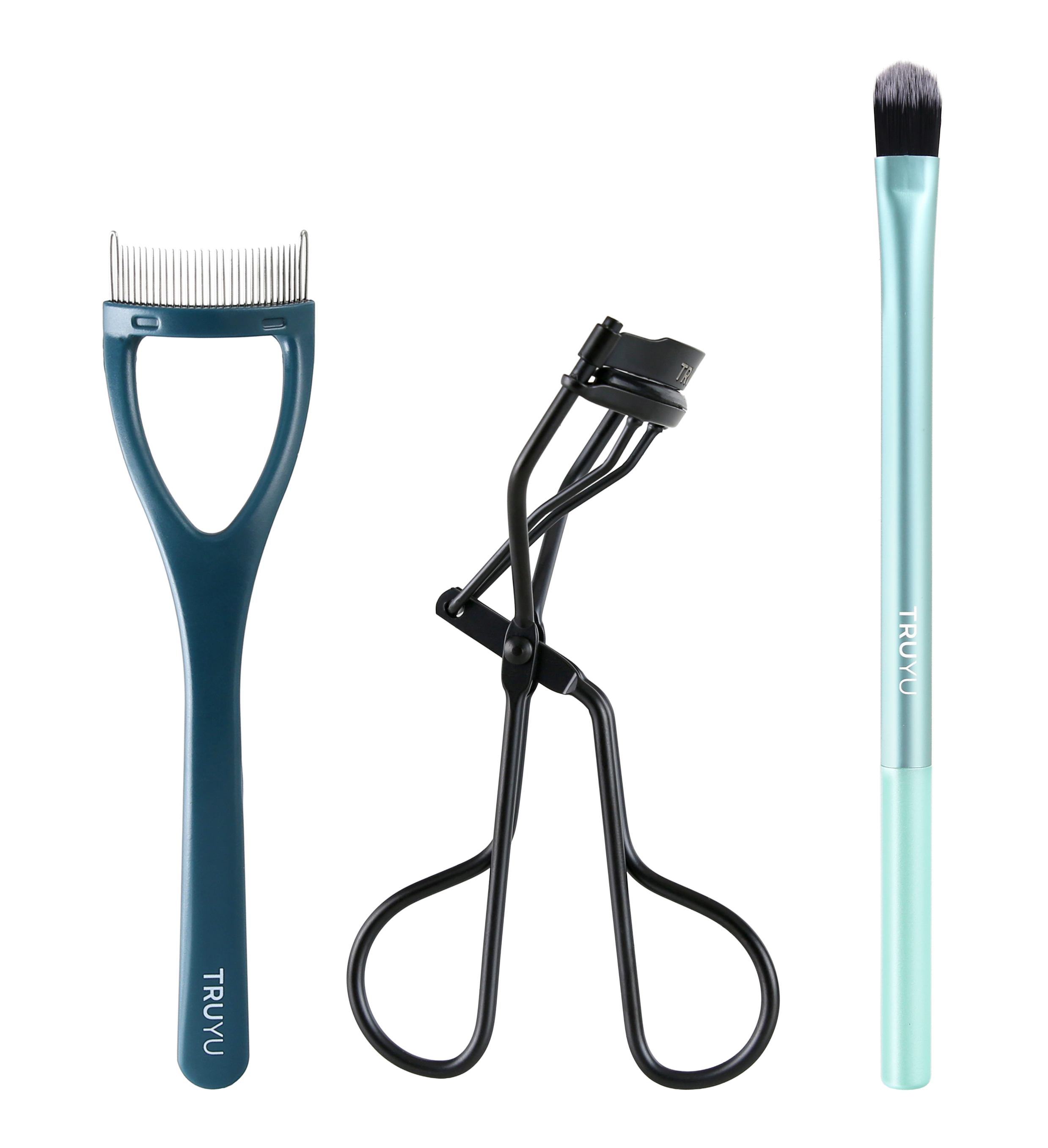 TRUYU Complete Eye Set out of pack. Including a blue eyelash comb, black eyelash curler, and a mint eyeshadow brush.