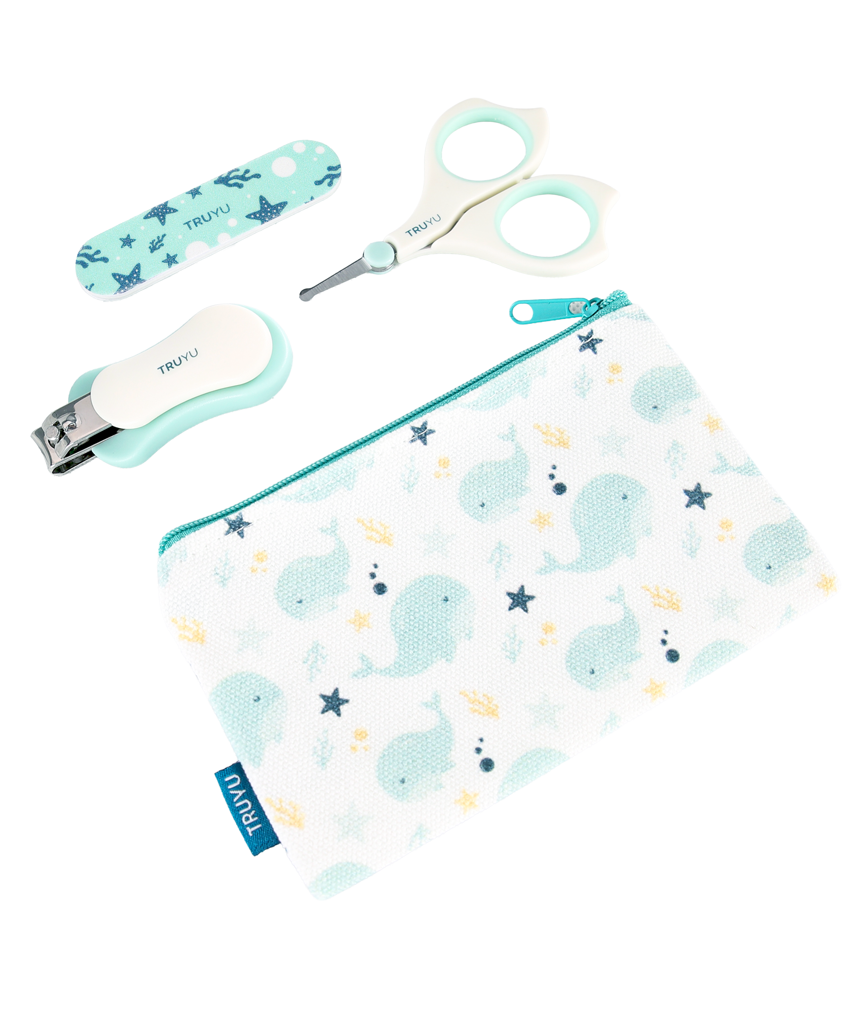 Set of baby grooming tools including scissors, nail clipper, nail file and pouch with whale pattern on a white background.