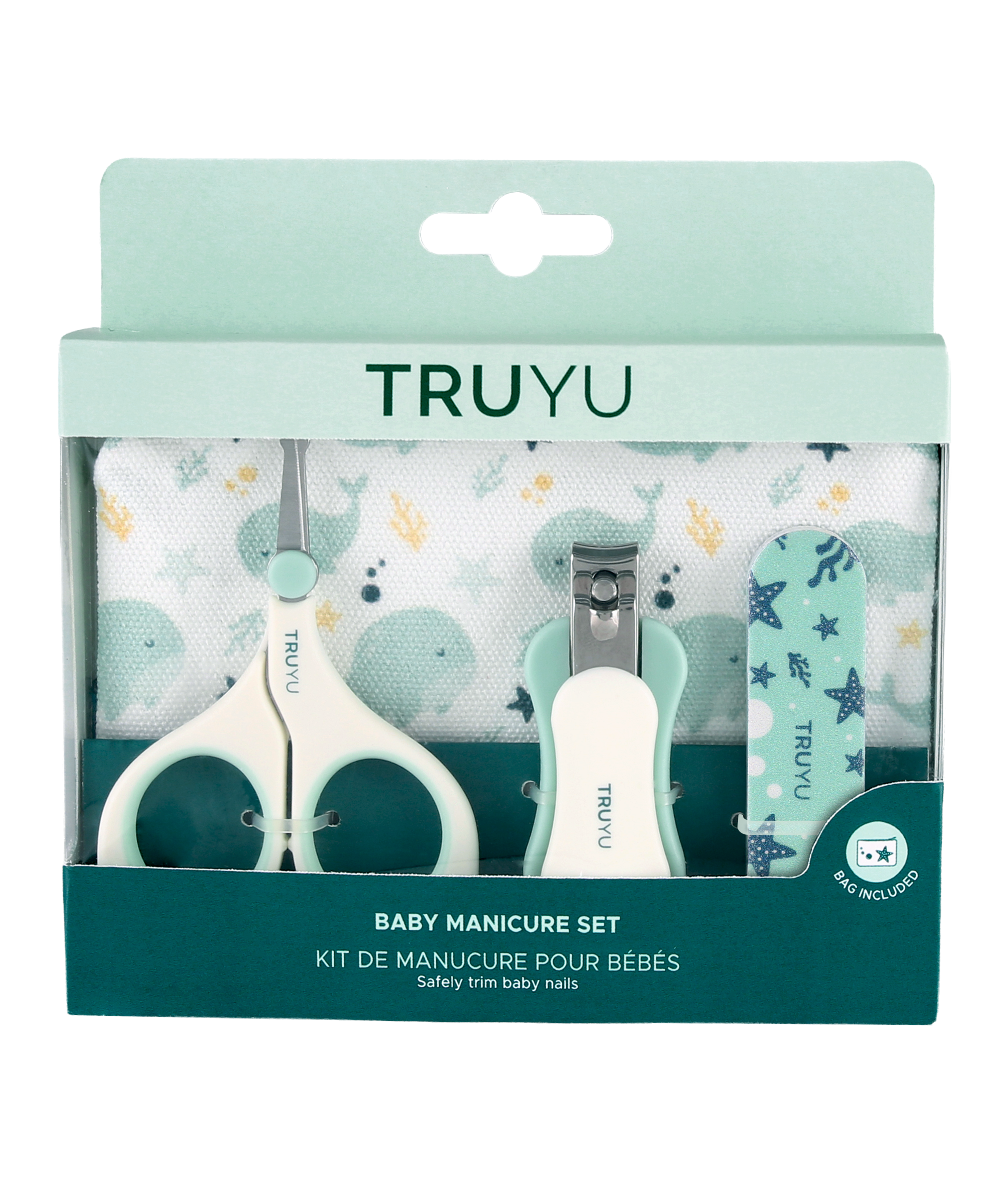 TRUYU baby manicure set in packaging with scissors, nail clipper, nail file and pouch with whale pattern. 
