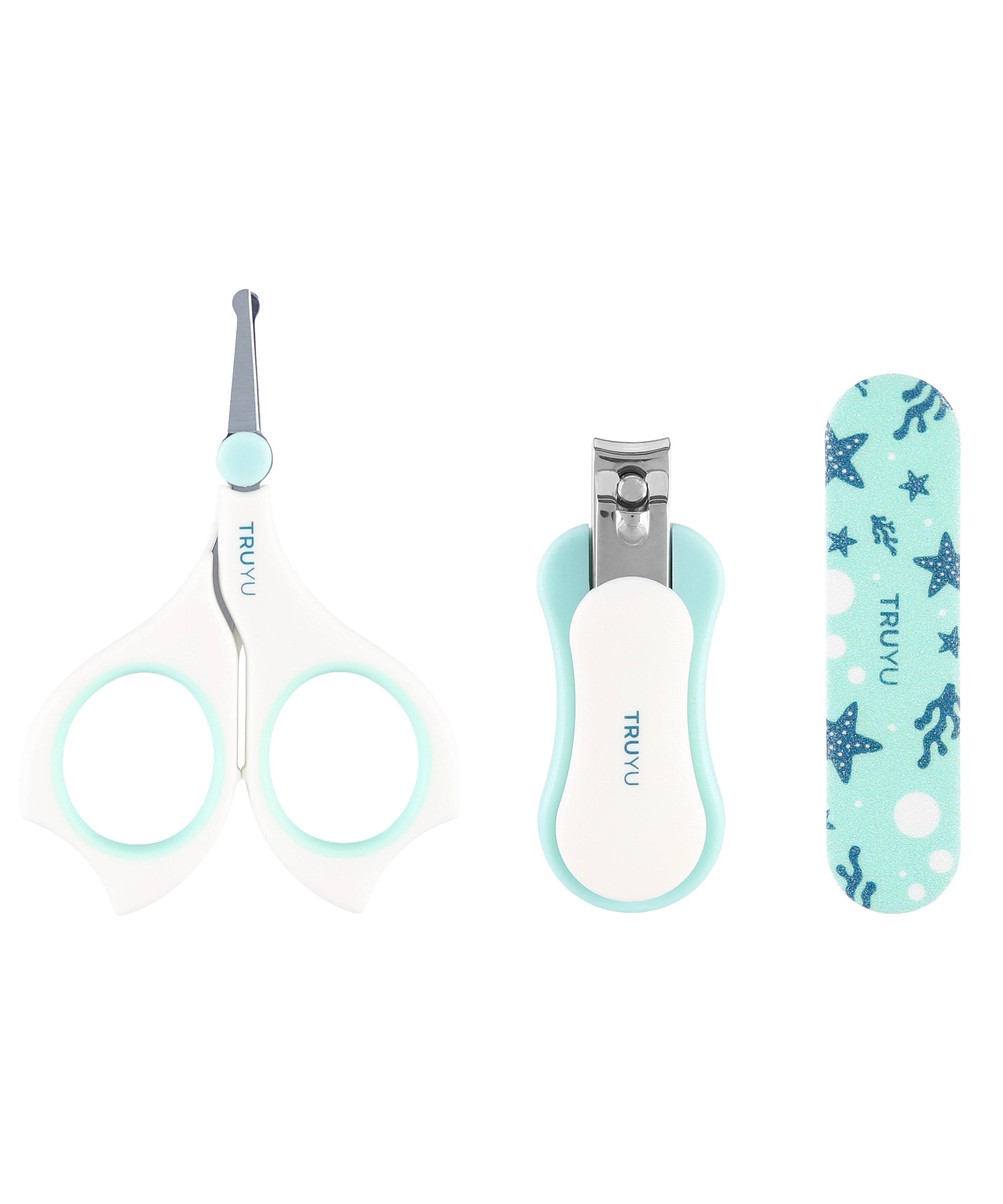 Truyu baby grooming tools including scissors, nail clippers, and a nail file.