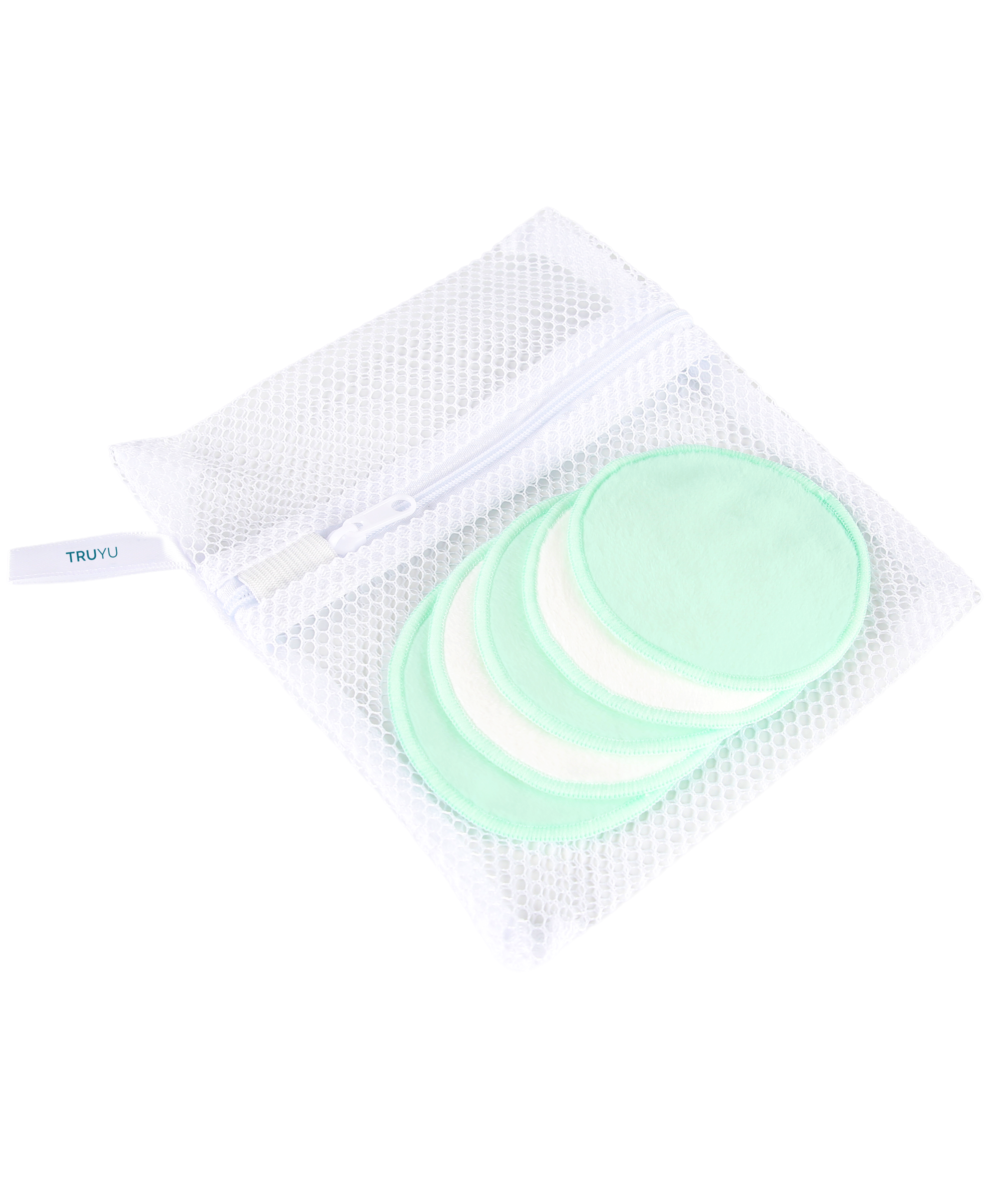 TRUYU 5 reusable makeup remover pads in white and green, on white mesh bag