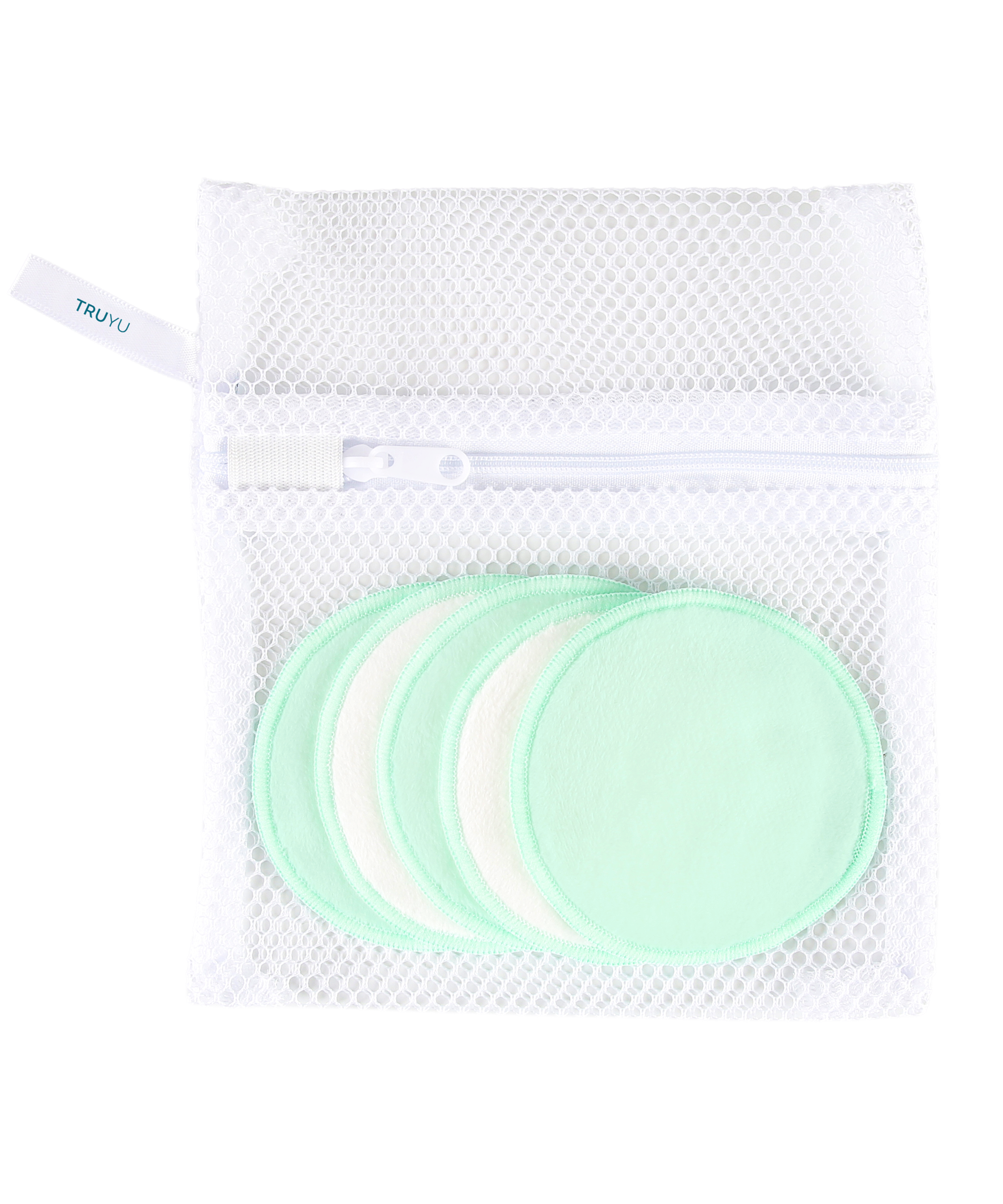 TRUYU Mesh storage bag with 5 reusable makeup remover pads (white and green) on a white background