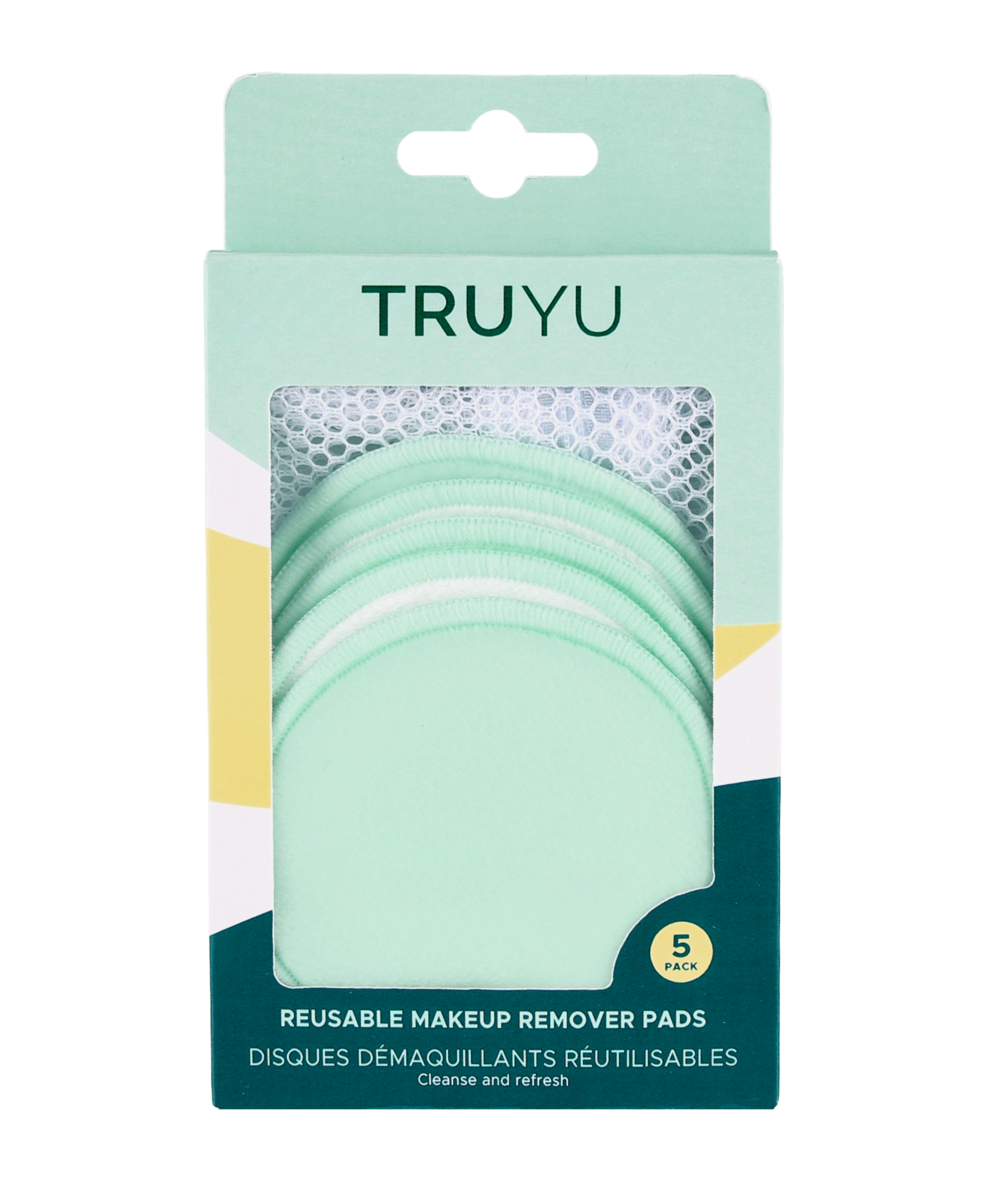 TRUYU reusable makeup remover pads packaging with 5 pads and white mesh bag inside. (View 2)
