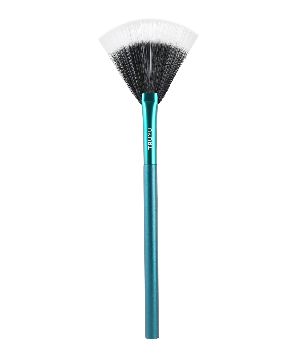 TRUYU Fan Brush with black bristles and teal handle. TRUYU logo on handle. Out of pack image.