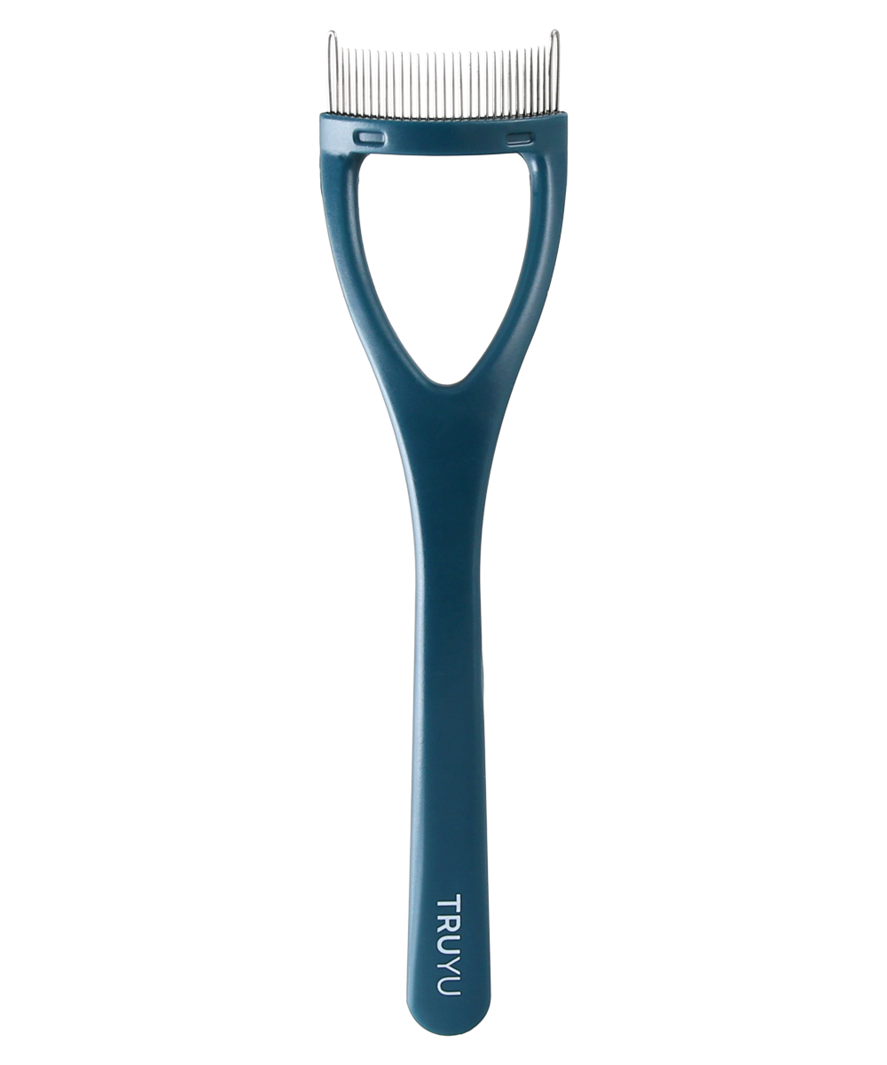 TRUYU Eyelash Comb with metal bristle head out of packaging. Teal coloured with TRUYU logo on handle.  (View 1)
