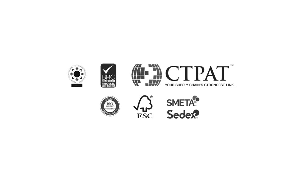 A white square graphic featuring a collection of black certification and sustainability logos, including CTPAT, FSC, SMETA, and Sedex, arranged in two rows.