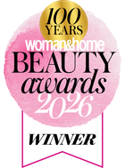 Badge for '100 Years Woman&Home Beauty Awards 2026 Winner' with pink and white design.